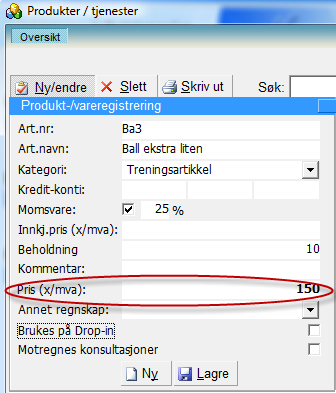 Ved innleggelse av et nytt produkt/tjeneste: Trykk på ny/endre fanen. klikker på teksten Pris(x/mva) Du må registrere Art.nr, Art. navn, samt Kategori.