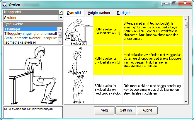 De valgte øvelsene kan ses i skillearket Valgte øvelser.