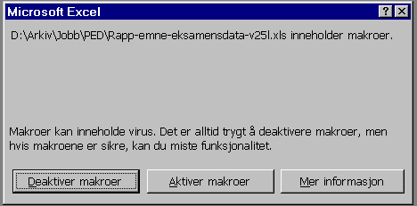 4 2 Begynne å bruke regnearket Du må laste ned regnearket fra www.lanekassen.no og lagre det lokalt på din pc før du begynner å registrere data. 2.1 Makroer Med Excel 2003 eller eldre versjon: Ved oppstart vil man få beskjed om at det er makroer i regnearket: Du må klikke Aktiver makroer.