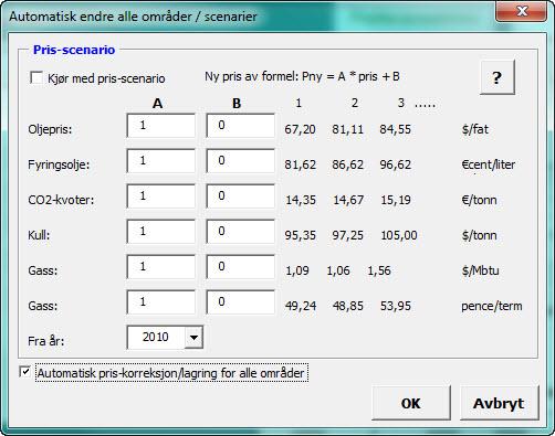 Kjøring av scenario/oppdatering av alle priser Scenario: Prisdata på Enmd-filer skaleres (fra år x) i henhold til faktorer (A og