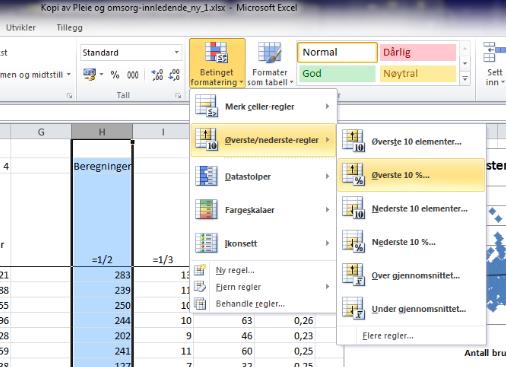 Fig 57 Figuren viser bruk av betinget formattering og velge å marke de 10% øverste tallene av de dataene du selv velger.