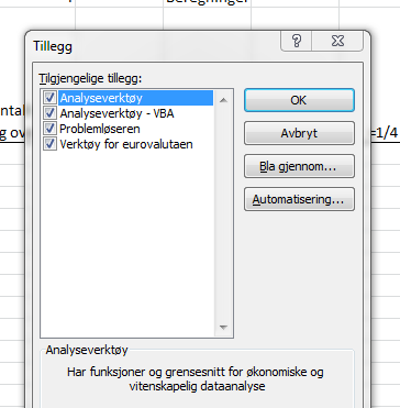 Her ligger det også en pakke som du kan utvide Excel med. Analyseverktøy som inneholder statistikkpakken vil du da finne under data og dataanalyse.