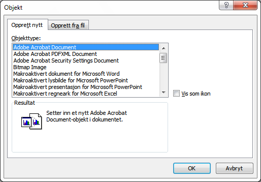 2. Velg fanearket Opprett fra fil: 3. Klikk på Bla gjennom og finn Excel-arket som du har laget. 4. Merk riktig fil i listen og klikk på Sett inn. 5. Klikk på OK. Excel-objektet settes inn.