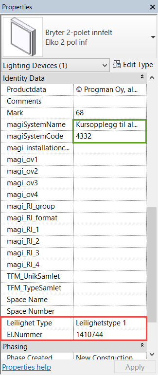Eksamen BIM I 014 8.05.014 Jeg får da muligheten til å plassere disse parameterne på de komponentene jeg ønsker og legge de under de parameter gruppene jeg ønsker.