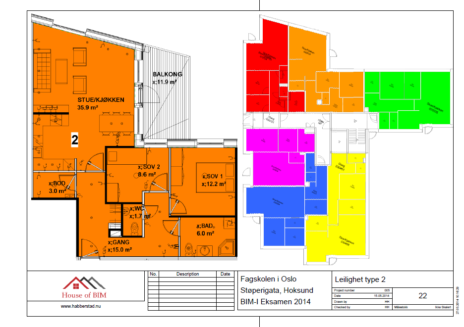 Eksamen BIM I 014 8.05.014 Bildet under viser fargeleggingen av de klassifiserte leilighetene i Solibri ut i fra en Leilighet Type Classification som jeg har laget.