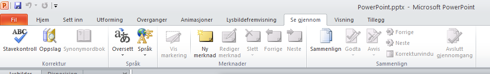 Kapittel 8 Se gjennom Fra fanen Se gjennom kan du kontrollere presentasjonen for stavefeil og forbedre språket ved