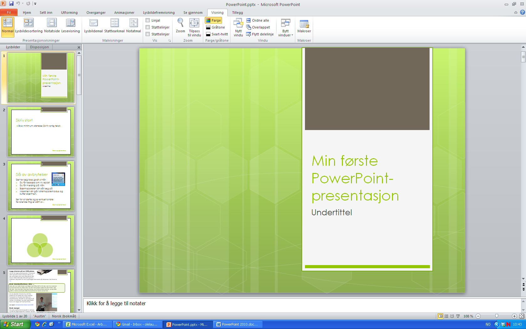 Normalvisning PowerPoint har en rekke forskjellige visninger.