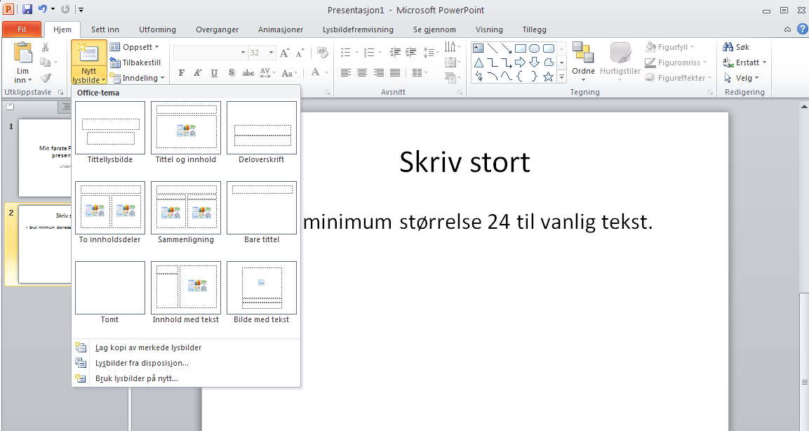 Start PowerPoint. Lag en ny presentasjon og gi den en tittel Når du starter PowerPoint kommer den opp med et tomt lysark. Dette lysarket er forsiden på presentasjonen.