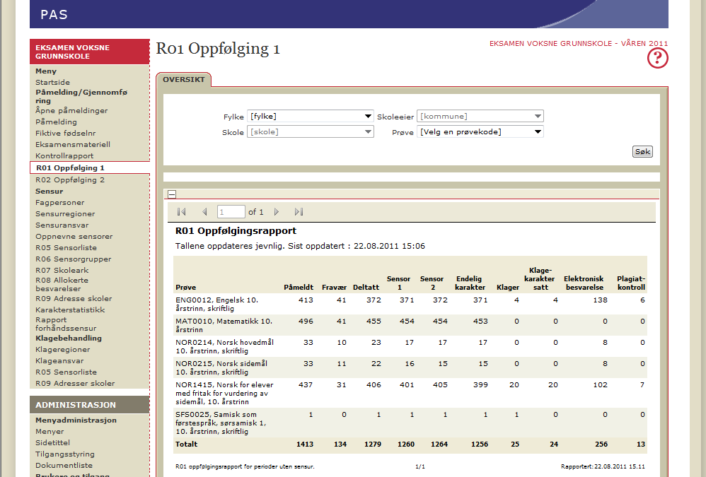 2.16 PAS Sensurregioner og sensuransvar (skoleadministrator) Disse to skjermbildene ajourføres fra Utdanningsdirektoratet og viser hvilke fylkesmannskontor som har ansvar for sensuren i hvert enkelt