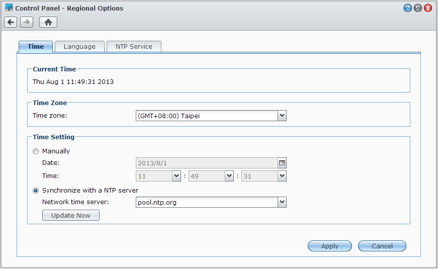 Brukerveiledning for Synology NAS Endre regionale alternativer Gå til Hovedmeny > Kontrollpanel > Regionale alternativer for å konfigurere følgende regionale alternativer.