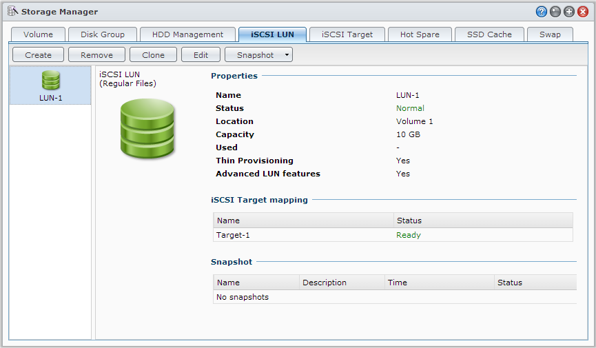 Administrere iscsi Target Brukerveiledning for Synology NAS Gå til Hovedmeny > Lagringshåndtering og klikk iscsi Target-fanen for å administrere iscsi Targets på Synology NAS.