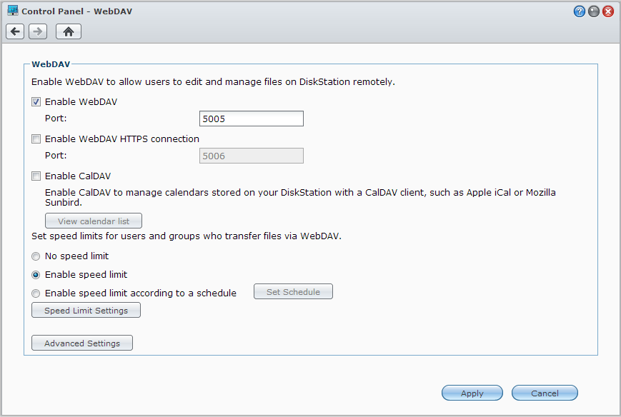 Brukerveiledning for Synology NAS Tilgang til filer via WebDAV Ved å aktivere WebDAV eller CalDAV (i Hovedmeny > Kontrollpanel > WebDAV), kan