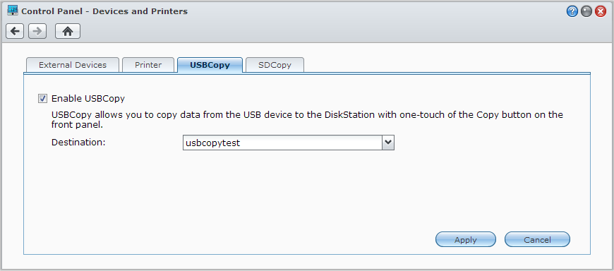 Sikkerhetskopier data på USB-enhet eller SD-kort Brukerveiledning for Synology NAS Du kan gå til Hovedmeny > Kontrollpanel > Enheter og skrivere for å angi en delt mappe som skal brukes med USBCopy