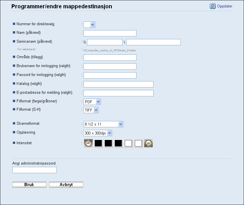 5. Bruke skannerfunksjonen Element Innstilling Beskrivelse Skanneformat Oppløsning Intensitet Valgfritt Valgfritt Valgfritt Velg skanneformatet for originalen blant A5, B5, A4, Executive, Half