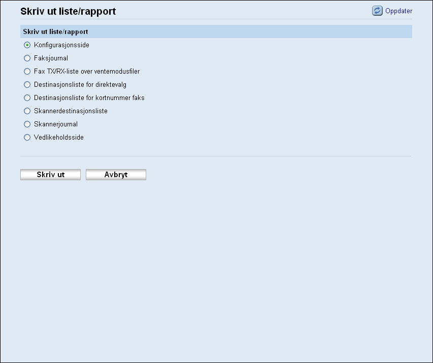 8. Konfigurere maskinen ved hjelp av Web Image Monitor Skrive ut lister/rapporter Klikk på [Skriv ut liste/rapport] for å vise siden for å skrive ut rapporter.