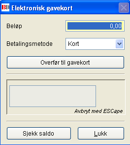 Lade Elektronisk gavekort (fra hovedmenyen i MAB). 1. Fyll inn beløpet kunden ønsker å lade gavekortet med. 2. Velg betalingsmetode beløpet fra 1. skal betales med. 3.