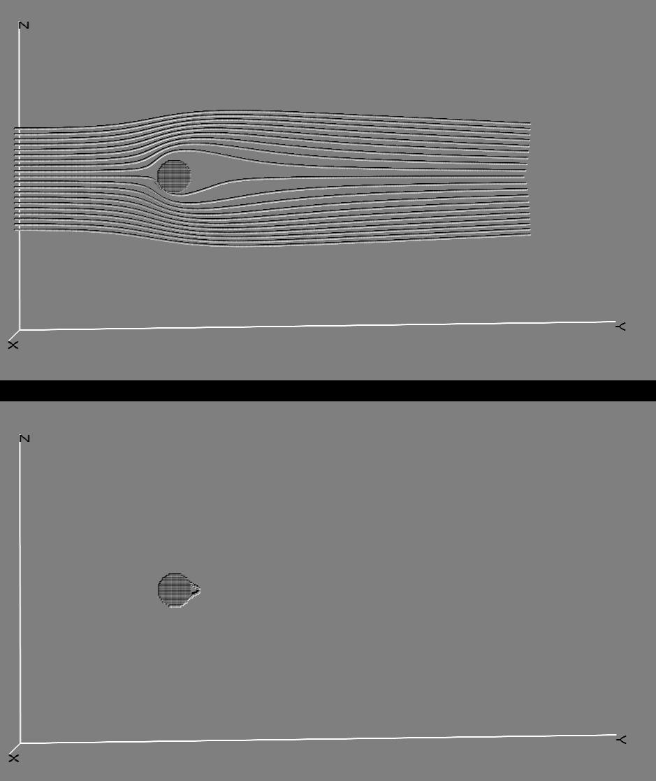 Figur 21 viser strømlinjer og Vy-isoflate for Reynoldstall 10, på en [64 x 512 x 256] lattice. Strømlinjene henger litt lengre bak enn for Re 5.