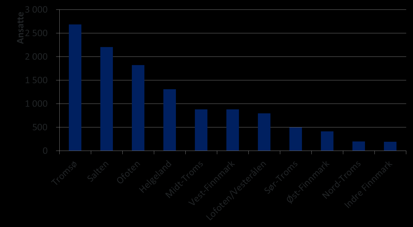 Reiselivsnæringens relative betydning og lønnsomhet i regionene Figur 2-13 Sysselsetting i hele reiselivsnæringen i 2011 etter region Kilde: Menon Sysselsettingen i hele reiselivsnæringen følger i