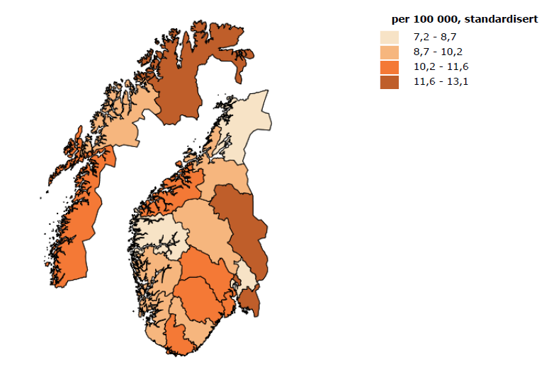 Figur 3.47: Ulykkesdødsfall blant kvinner -74 år i ulike fylker i Norge. Antall døde per 1 personer, gjennomsnitt for perioden 22-211, aldersstandardiserte rater.