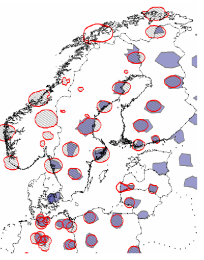 Figur 15 Illustrasjon av hvite områder for kanal 23 (486-494 MHz). De markerte områdene viser hvor kanal 23 er i bruk nord i Europa.