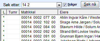 Søking Brukerveiledning for feiemodulen v.3 Søk etter gårds-/bruksnummer: Alle eiendommer som har gårdsnummer 14 og bruksnummer 2 listes ut.