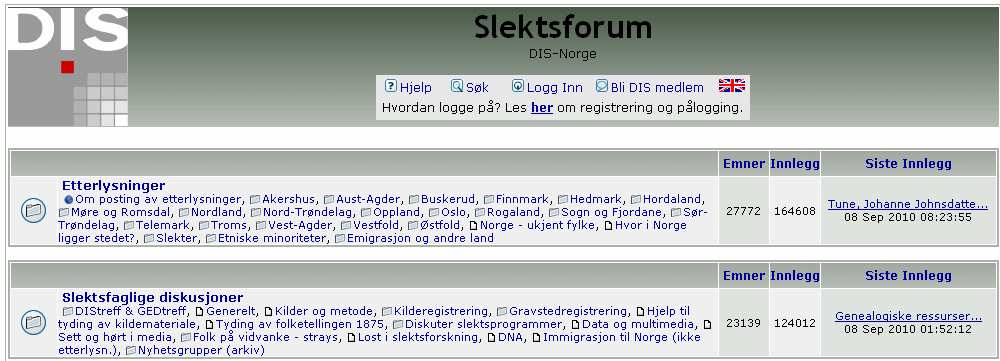 DIS Slektsforum (fig.50) finnes som egen knapp på høyre side av DIS hjemmeside (fig.31). fig.