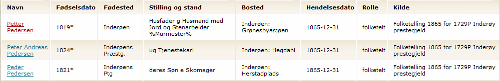 Resultatet blir en liste personer hvorav en er Petter Pedersen, f.1819, murermester bosatt på Grønesbyasjøen (fig.11). fig.