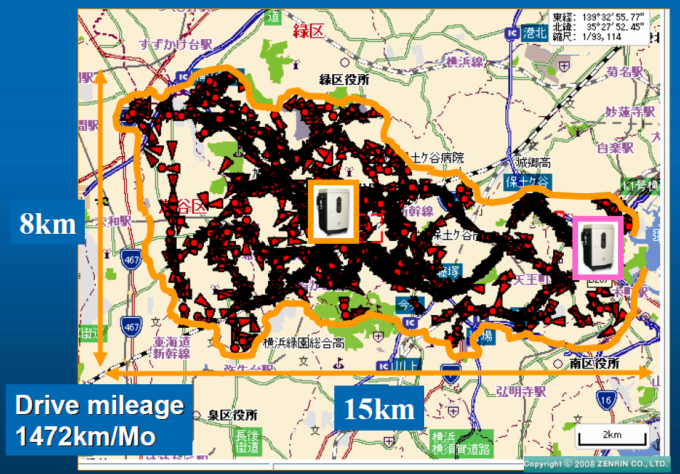 Figur 3.6 viser en del av Tokyo sentrum, en del av det operasjonelle området til TEPCO. De to innrammede figurene er hvor hurtigladerene skal plasseres. De røde pilene viser elbil aktivitet.