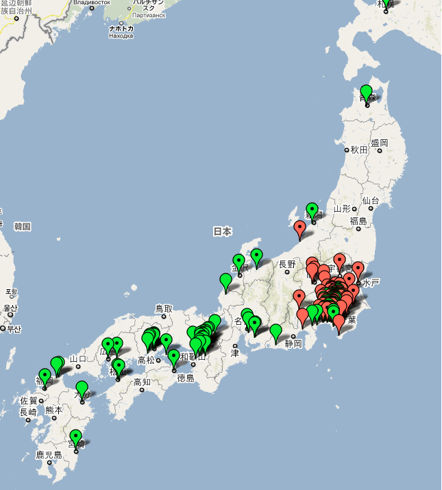 Figur 4.2 viser hurtigladestasjoner i Japan. Ser at tettheten er høy til høyre, dette er Tokyo.