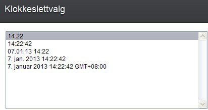 v 2. Velg et datoformat og klikk på OK. Slik setter du inn et klokkeslett i tekstområdet: 1. Klikk på Sett inn > Felt > Klokkeslett. 2. Velg et klokkeslettformat og klikk på OK.