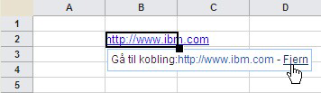 1. Klikk på cellen og skriv URLen du vil koble til fra cellen (for eksempel http://www.ibm.com). 2. Trykk på Enter. 3.