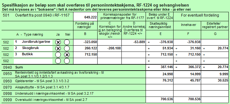 Kap. 3 Beregningsenhet Side 11 Nummeret i kolonne A er et referansenummer, som vil gå igjen på RF-1224 Personinntekt. 4 Eierregisteret ved flere beregningsenheter 4.