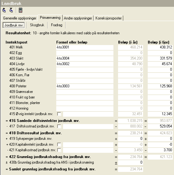 Kap. 7 Landbruksfunksjoner Side 26 7.3 Primærnærings-skjermbilder 7.3.1 Jordbruk mv. - skillekortet Skjermbildet for jordbruk m.v. ser slik ut: Her registreres formler eller beløp i formelfeltet.