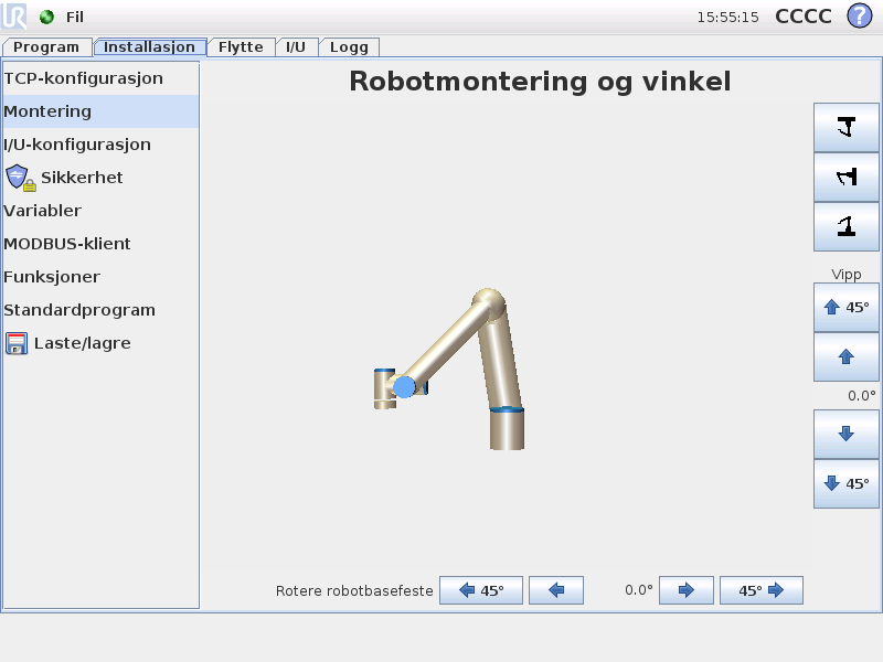 12.7 Installasjon Montering 12.7 Installasjon Montering Her kan monteringen av robotarmen angis. Dette har to formål: 1. Å få robotarmen til å se riktig ut på skjermen. 2.