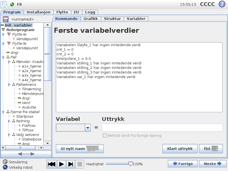 13.31 Kommando: Initialisering av variabler 13.31 Kommando: Initialisering av variabler I dette skjermbildet kan du stille inn variable verdier før programmet (og eventuelle tråder) starter å kjøre.