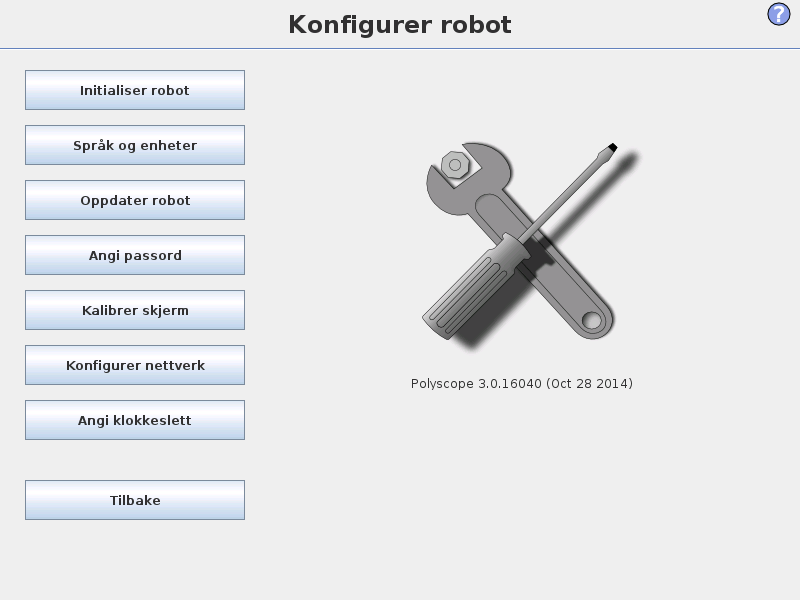 14 Konfigurasjonsskjerm Initialiser robot Går til skjermbildet initialisering, se 10.4. Språk og enheter Konfigurer språket og målenhetene for brukergrensesnittet, se 14.1. Oppdater robot Oppgraderer robotprogramvaren til en nyere versjon, se 14.