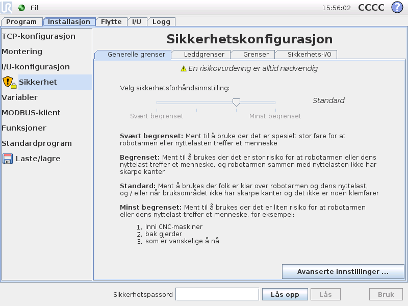 15 Sikkerhetskonfigurasjon Roboten er utstyrt med et avansert sikkerhetssystem.