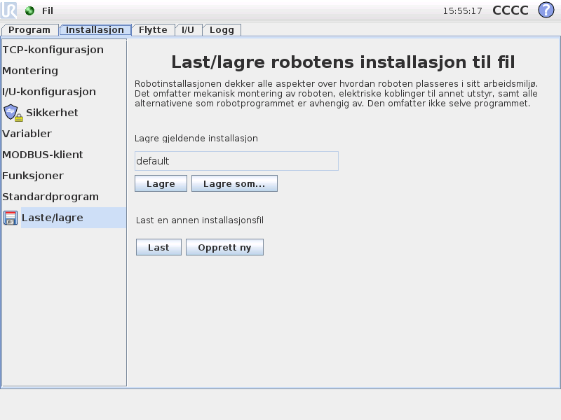 12.5 Installasjon Last / Lagre 12.5 Installasjon Last / Lagre Robotinstallasjon dekker alle aspektene av hvordan robotarmen og kontrollboksen er plassert i arbeidsmiljøet.