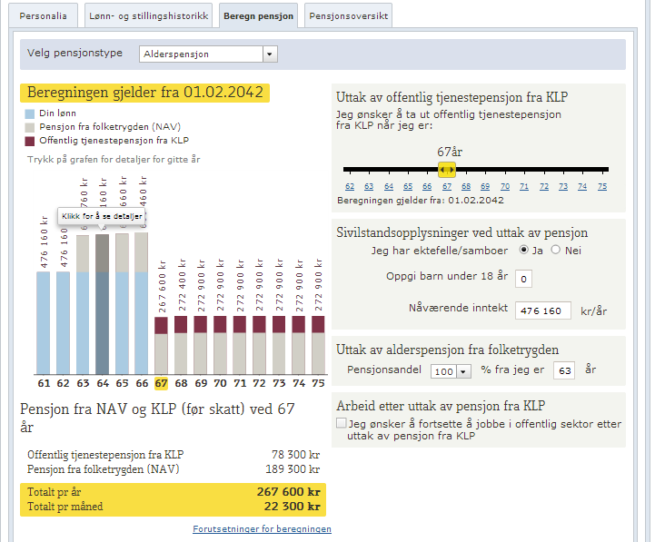 Størrelsen på pensjon fra KLP og NAV vil man se i søylene i beregningen. Detaljene vil man finne under søylene fordelt på pensjon fra KLP og fra NAV i både årlig og månedlig beløp.