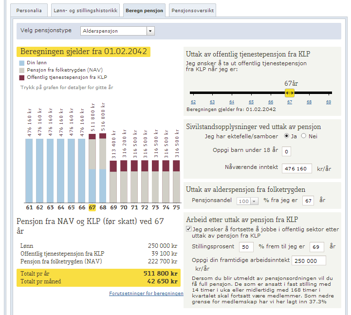 Eksempel på beregning av alderpensjon der man tar ut delvis pensjon fra KLP fra 67 år til 69 år.