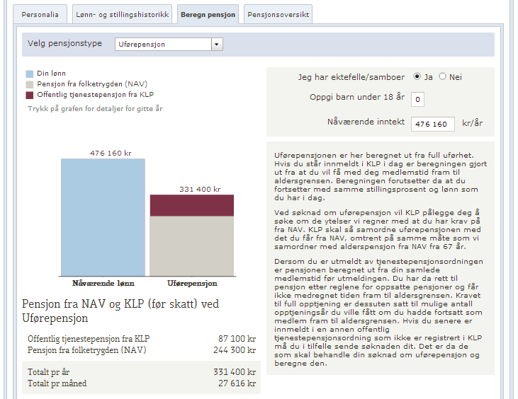 Uførepensjon Beregning av uførepensjon foretas ved å velge pensjonstype Uførepensjon. Løsningen beregner kun full uførepensjon. Mulighet for å justere på forutsetninger er færre.