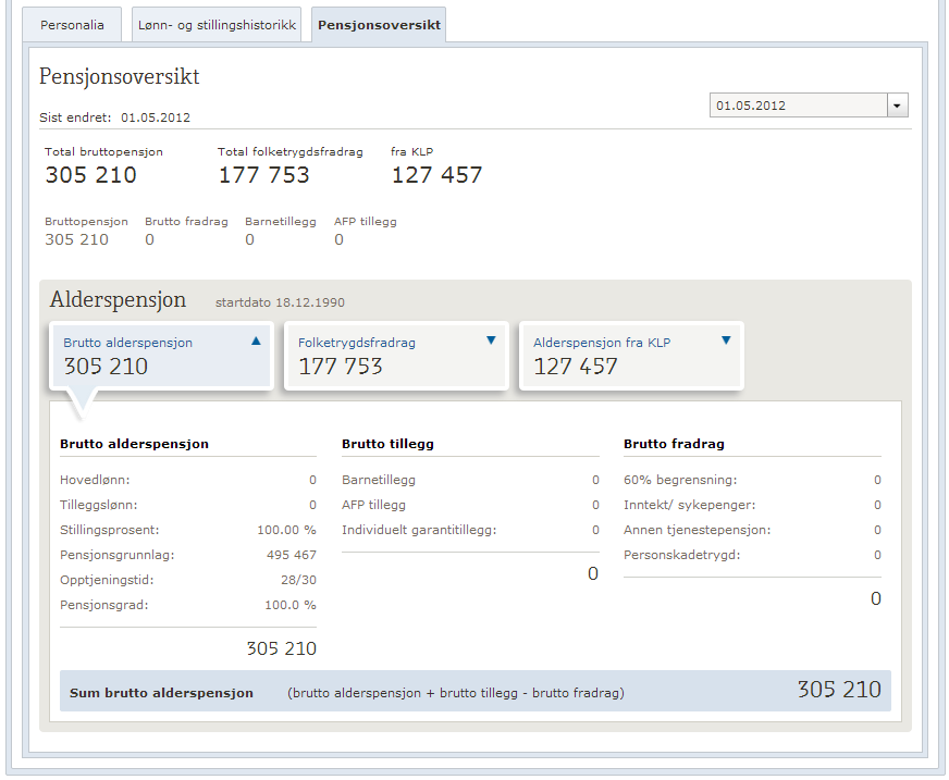 Se Pensjonsoversikt for pensjonist (visning av utregnet pensjon og tilhørende grunnlagsdata) Under Detaljert medlemsinformasjon finner man også er fane som heter Pensjonsoversikt.