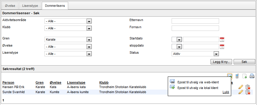 Fra dette bildet er det mulig å kommunisere med trenerne (f.eks. innkalling, stevner, kurs osv.) med utgangspunkt i søkekriteriene i øverste del av bildet.