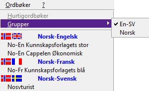 En hake til venstre for en ordbok viser at den ordboken er aktiv. Du velger en annen ordbok ved å klikke på ordboksnavnet eller ved å bruke hurtigkommandoen i stedet for menyen.