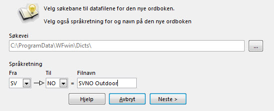 5. Klikk på Neste. Nå får du opp denne ruten: 6. Skriv inn et egnet navn på ordboken. 7. Oppgi hvem som eier den.