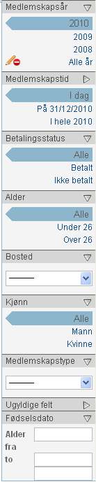 18 Når du logger på vil bare navnet på filteret og en pil mot høyre synes (Rød boks). For å åpne valgene i et filter, trykk på pilen (Grønn boks). Valgene vil da komme under navnet på hvert filter.