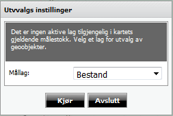 Utvalg Menyvalget «Utvalg» (1) gir deg mulighet til å plukke ut/ se på og lage rapporter for de forskjellige dataene i kartet, for eksempel summere kubikkmasse i nedslagsfeltet til en velteplass.