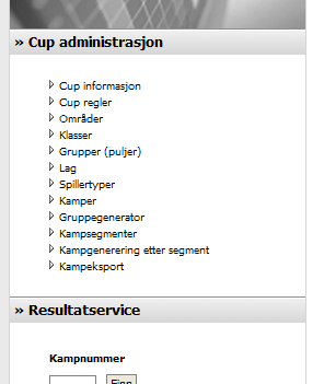 Administrasjonsmenyen Alle de forskjellige funksjonene i TEAMNETCUP modulen er tilgjengelig via en egen CUP administrasjonsblokk.