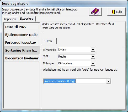 Sorteringsfiler Led-Sau har egen rutine for å legge ut sorteringsfil til FX41. Du kan da sortere dyrene etter RFID nummer.