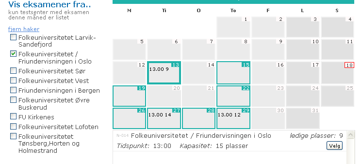 Datoer med prøvegjennomføringer som er tilgjengelige er markert med grønn ramme.